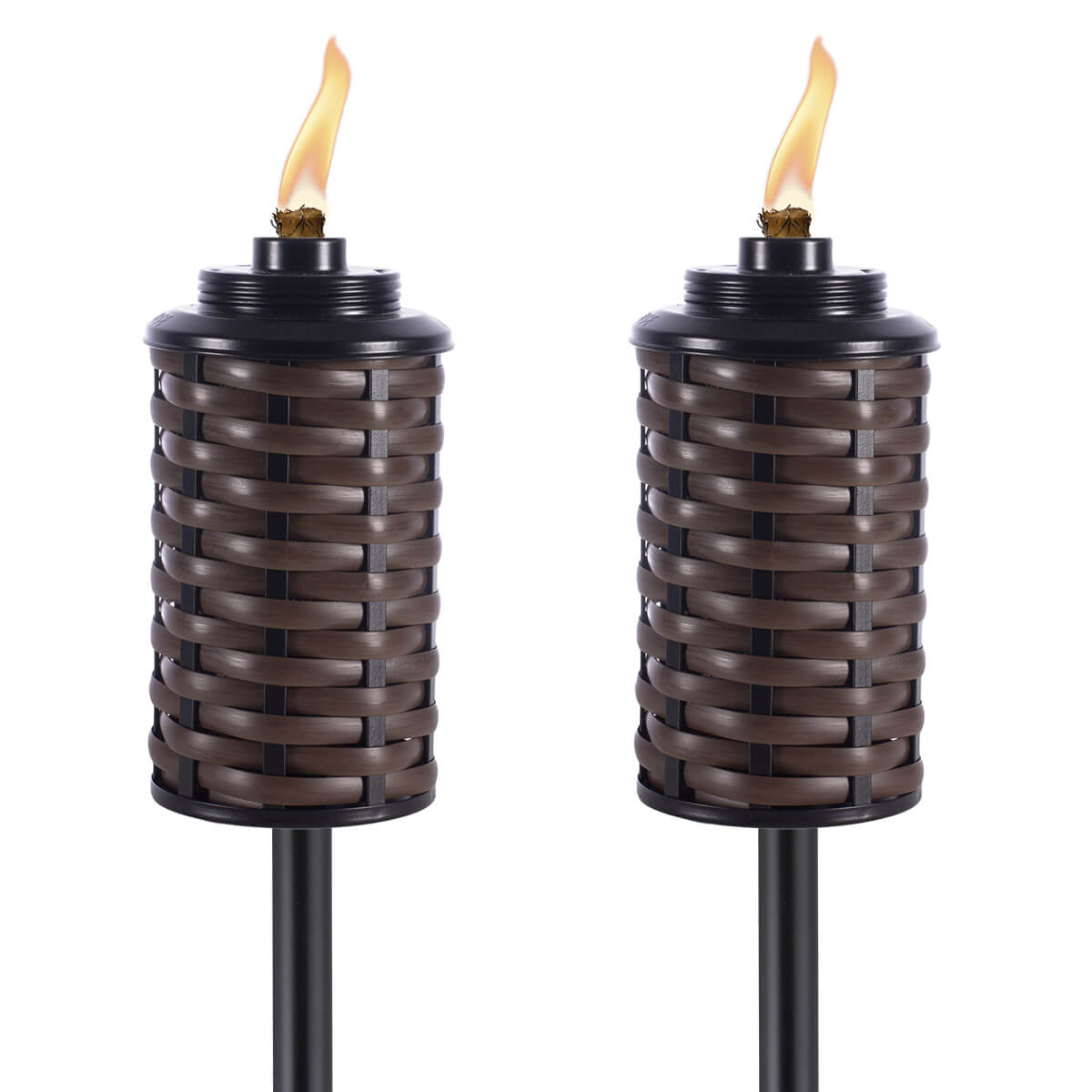 Two brown woven TIKI torches with flames, designed for outdoor lighting and ambiance.