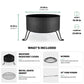 Black outdoor fire pit, 23" diameter, 15.3" height. Includes cover, screen, metal grate, and 31" fire poker.