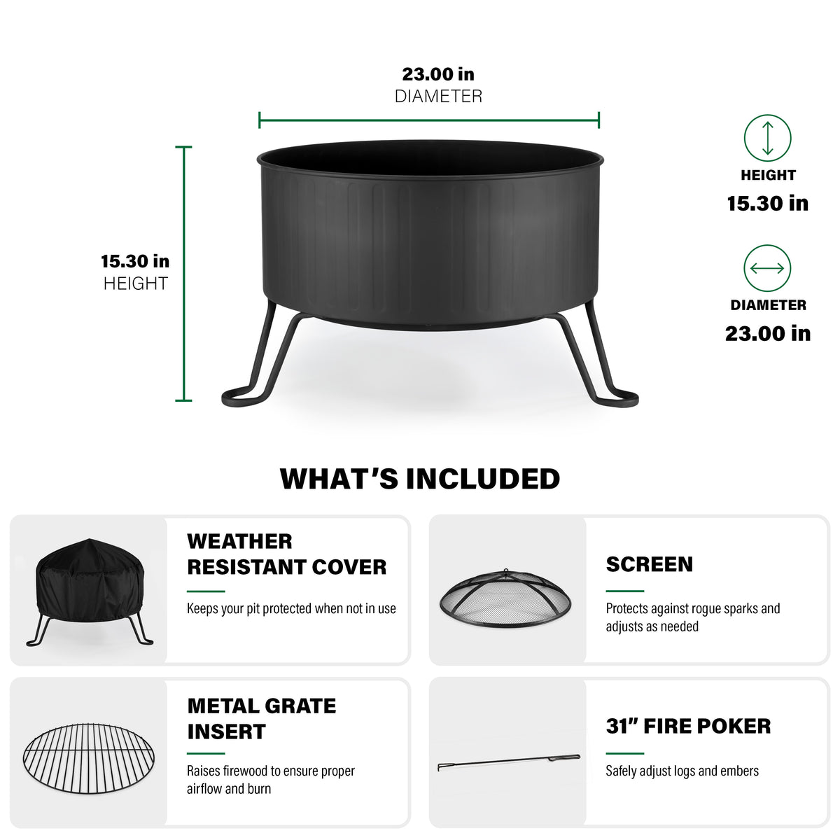 Black outdoor fire pit, 23" diameter, 15.3" height. Includes cover, screen, metal grate, and 31" fire poker.