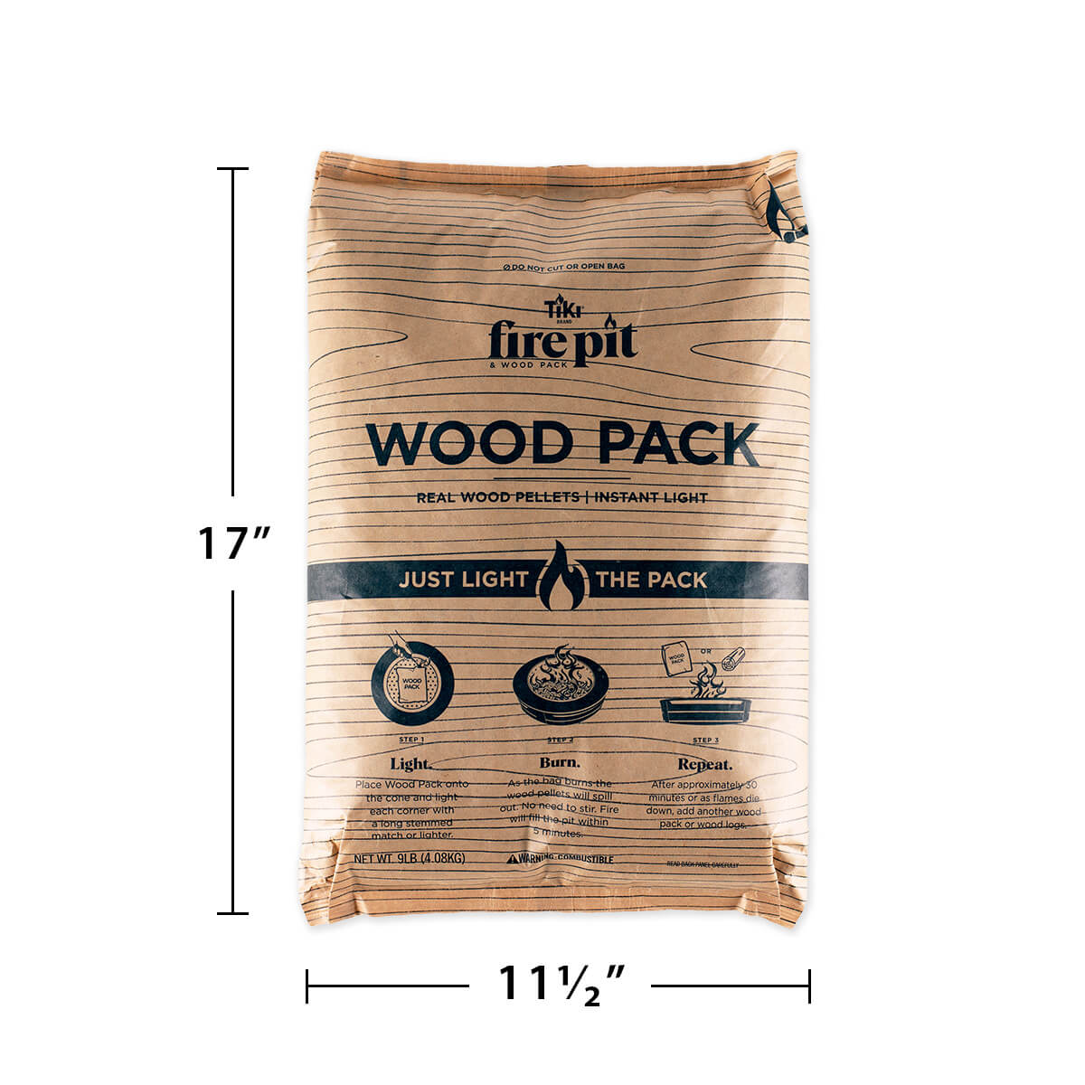 TIKI® Fire Pit Wood Pack, 17 inches tall by 11.5 inches wide, contains real wood pellets for easy, instant lighting.