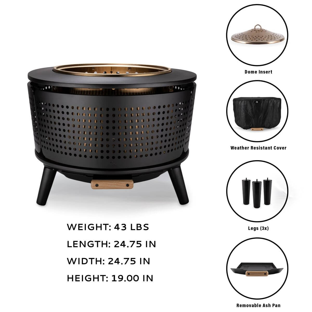 Black TIKI fire pit with dome insert, weather-resistant cover, 3 legs, removable ash pan; 24.75"x24.75"x19", 43 lbs.