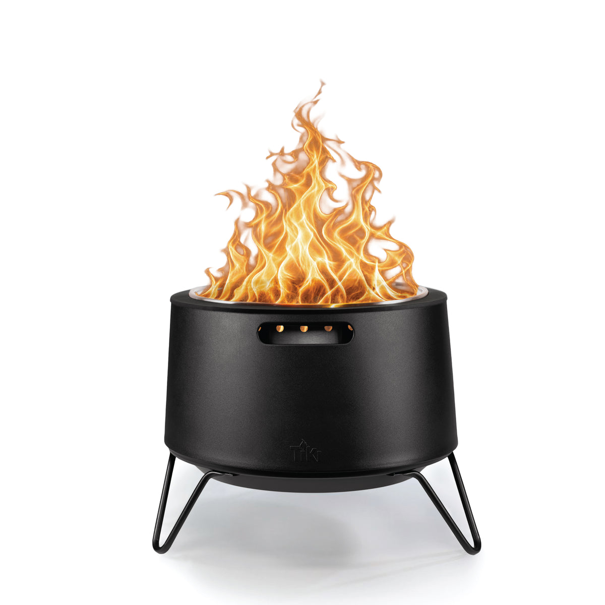 Black metal fire pit with sturdy legs, open flame, and side handle. Modern, portable outdoor heating solution.