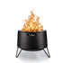 Black metal fire pit with sturdy legs, open flame, and side handle. Modern, portable outdoor heating solution.