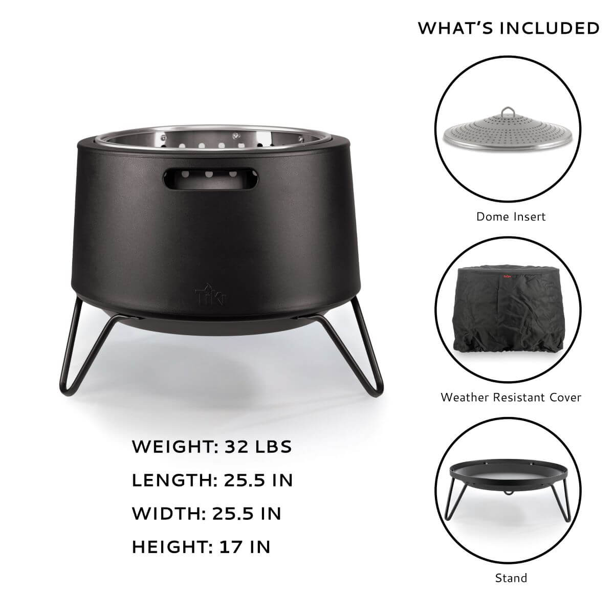 TIKI fire pit with dome insert, weather-resistant cover, and stand. Dimensions: 25.5"x25.5"x17", weight: 32 lbs.
