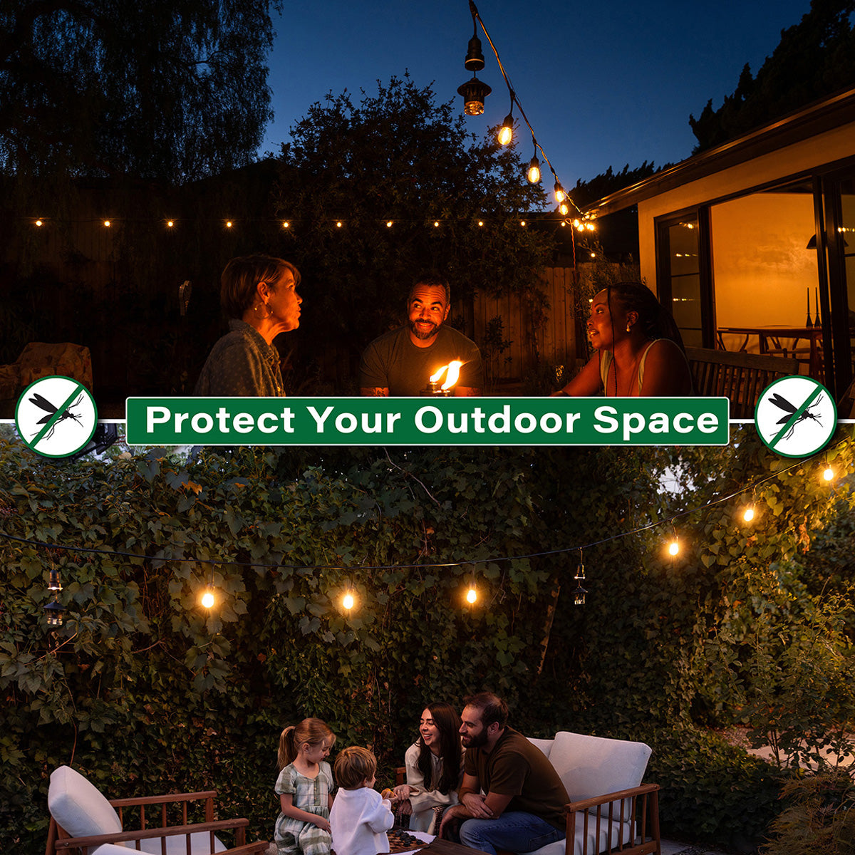Green sign with mosquito icons promoting outdoor space protection.