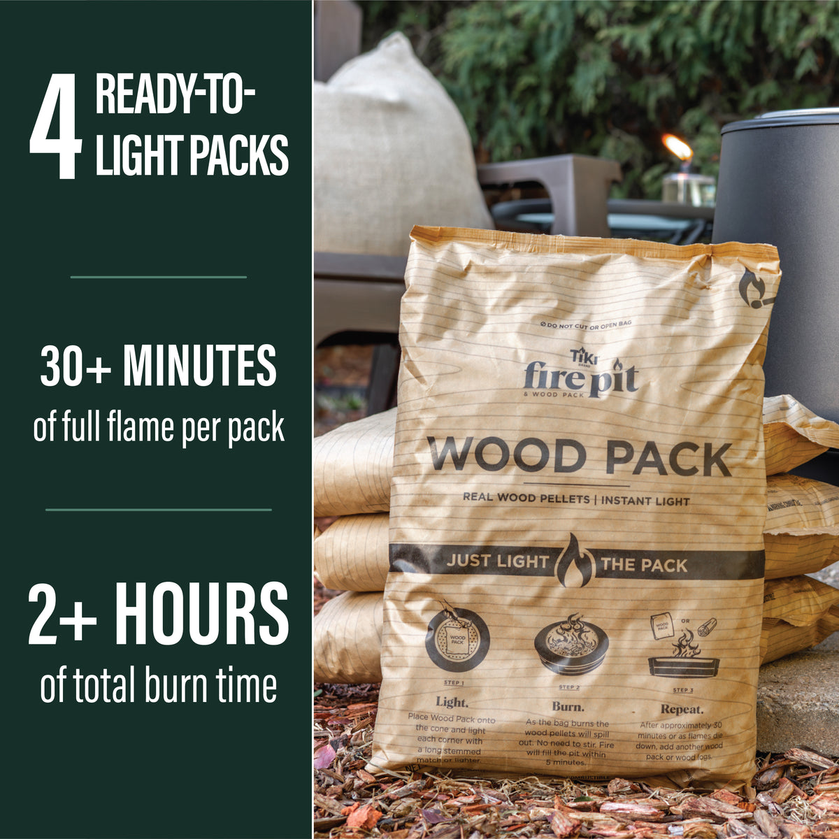 Tiki Fire Pit Wood Pack: 4 ready-to-light wood pellet packs, over 2 hours burn time, 30+ minutes full flame per pack.