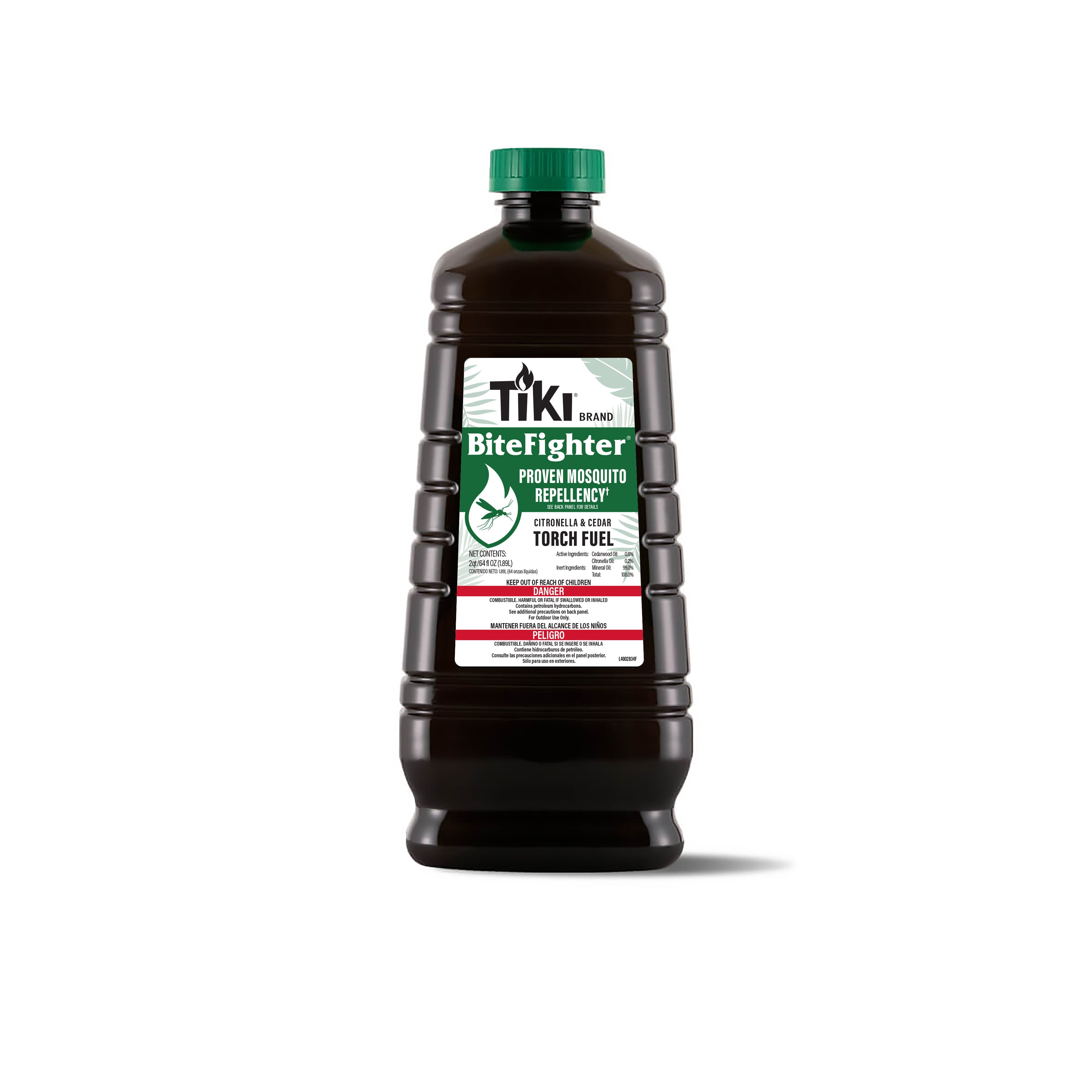 TIKI Brand BiteFighter torch fuel bottle with citronella and cedar for proven mosquito repellency.