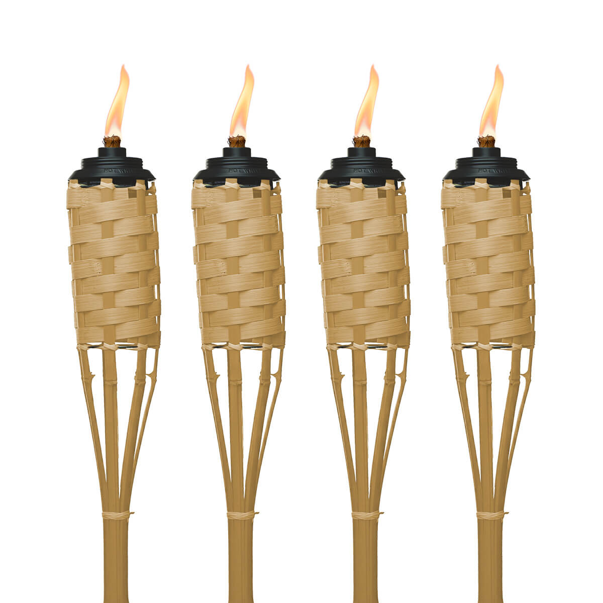 Four natural bamboo TIKI torches with woven design, each lit with a bright flame. Ideal for outdoor ambiance and lighting.