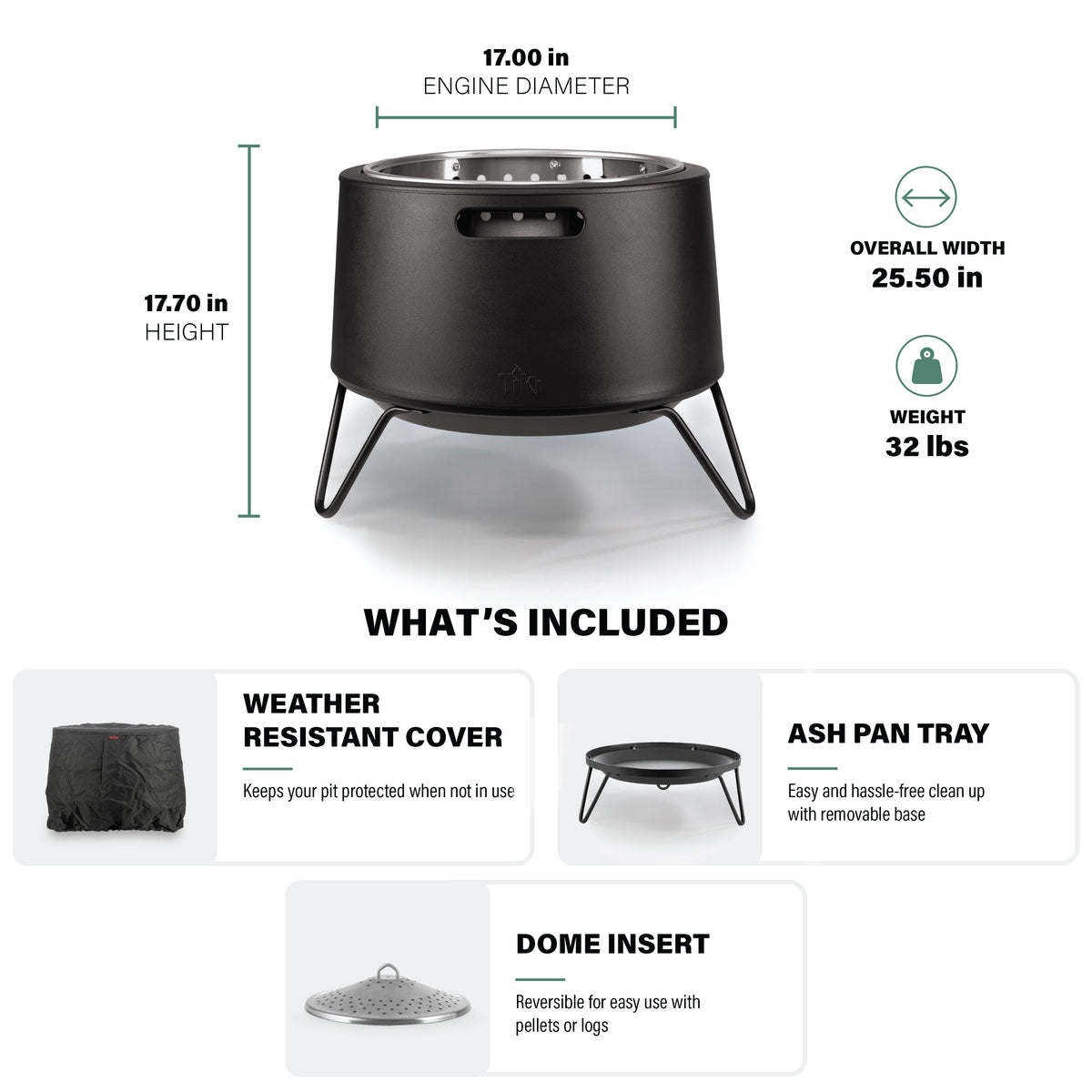 Black outdoor fire pit, 17.7" tall, 25.5" wide, includes cover, ash pan tray, and dome insert. Weighs 32 lbs.
