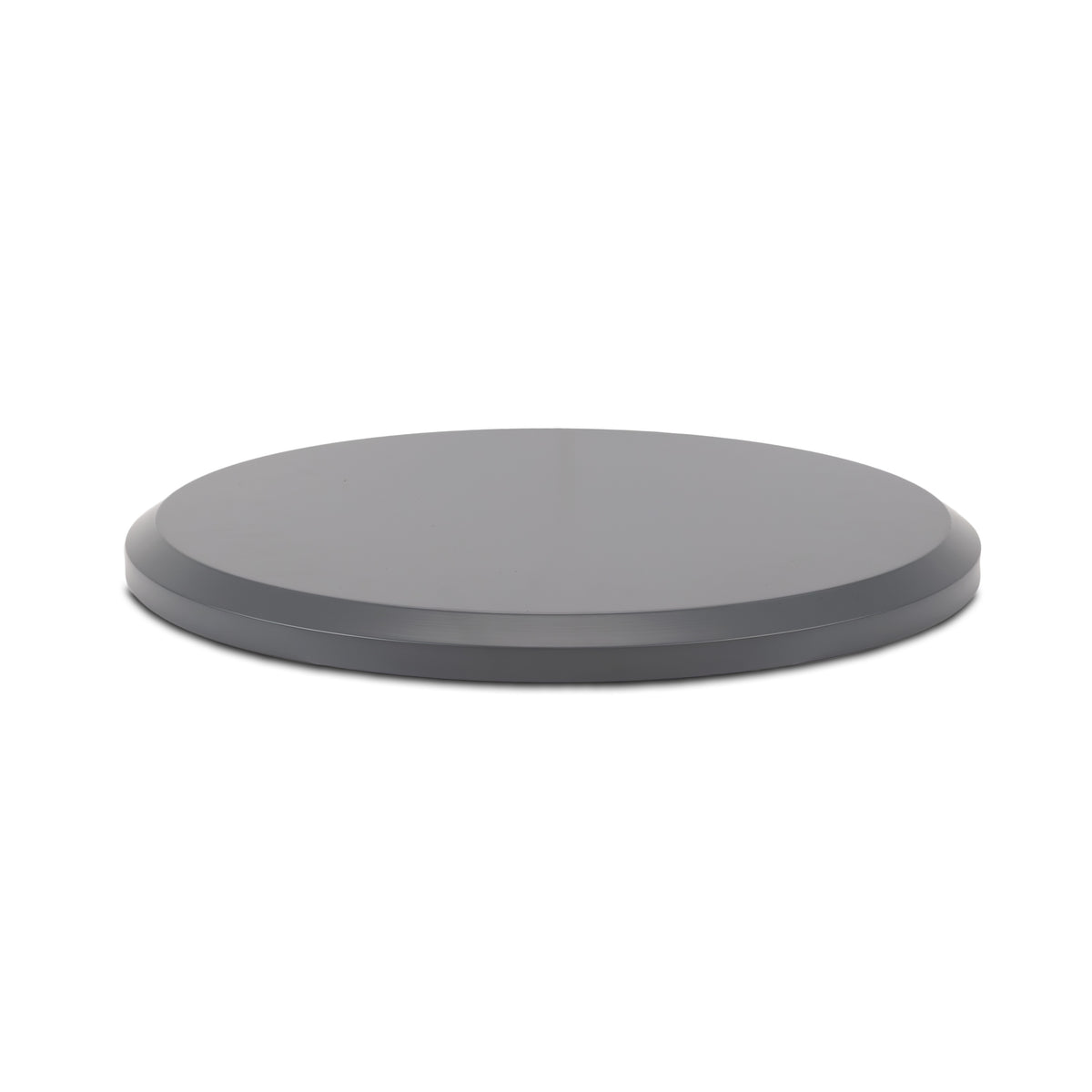 Round, flat gray turntable tray with a smooth surface and low profile, ideal for organizing or serving items.