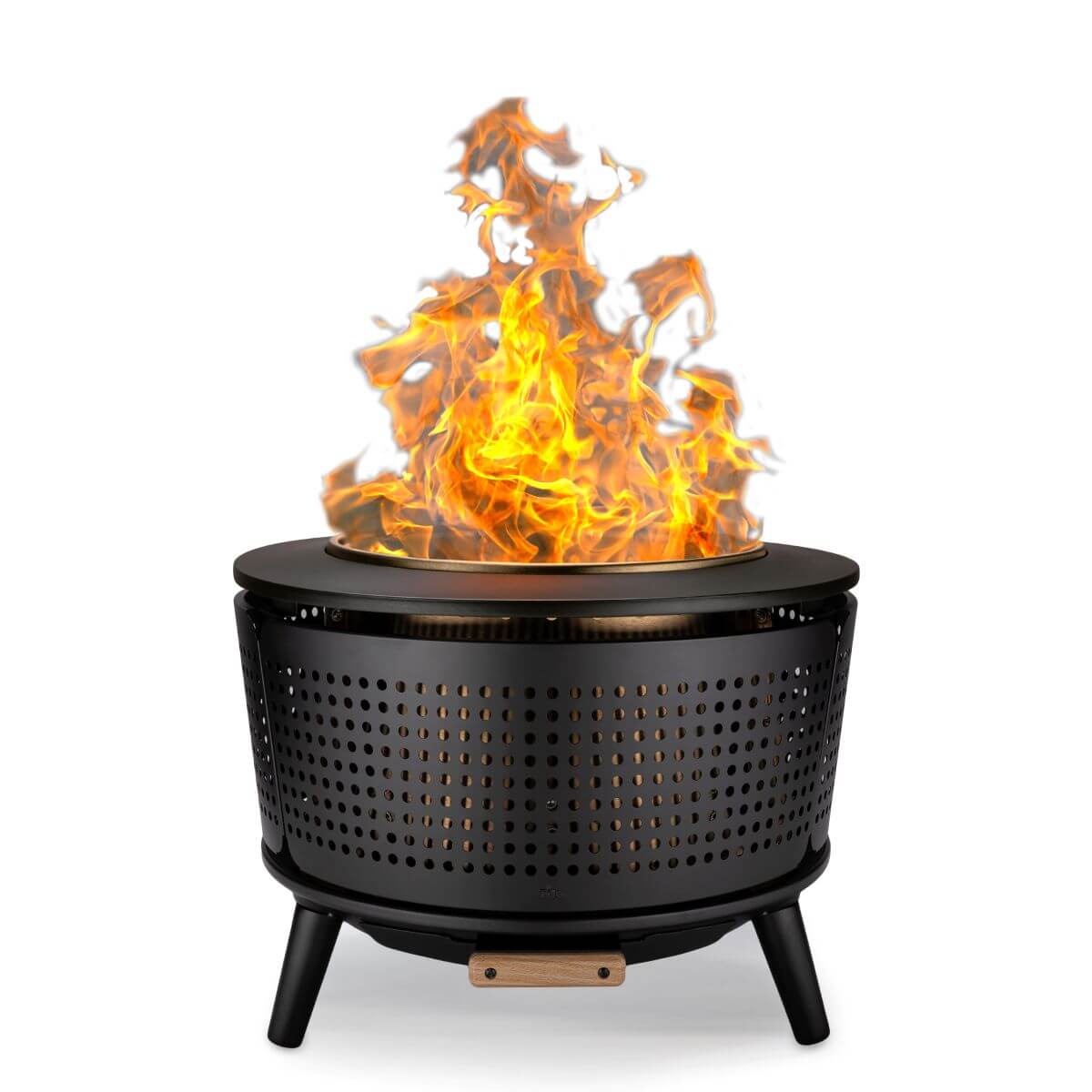 Black metal TIKI fire pit with bright flames, designed for outdoor use and easy, smokeless burning.
