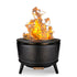 Black metal TIKI fire pit with bright flames, designed for outdoor use and easy, smokeless burning.
