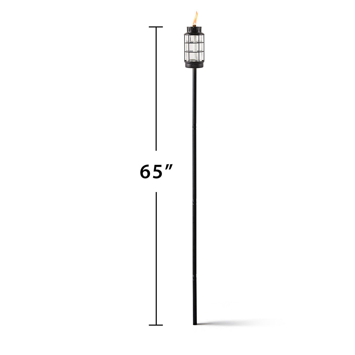 65-inch tall black outdoor torch with a metal grid design and visible flame at the top.