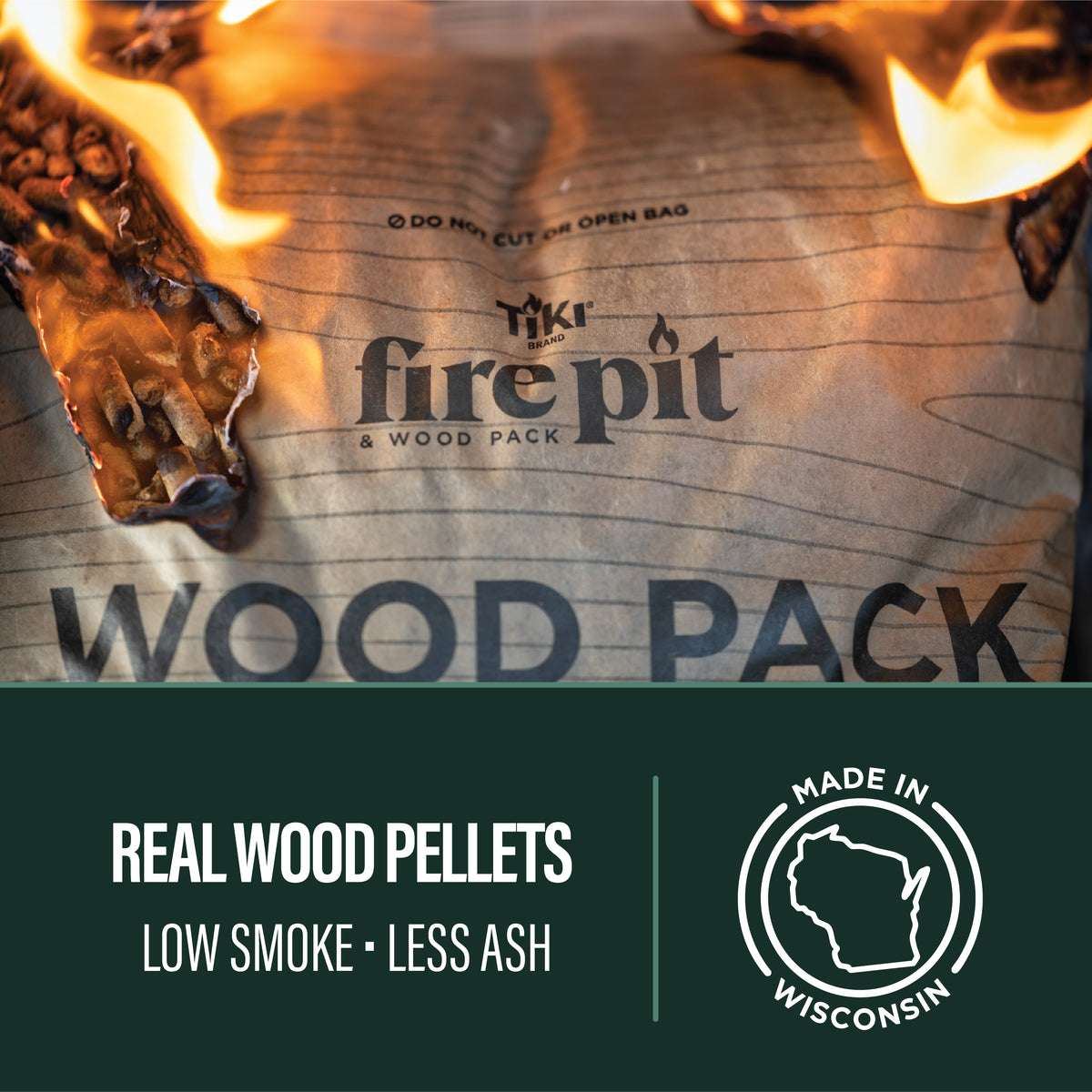 TIKI fire pit wood pack with real wood pellets, low smoke, less ash. Made in Wisconsin. Bag shown burning.