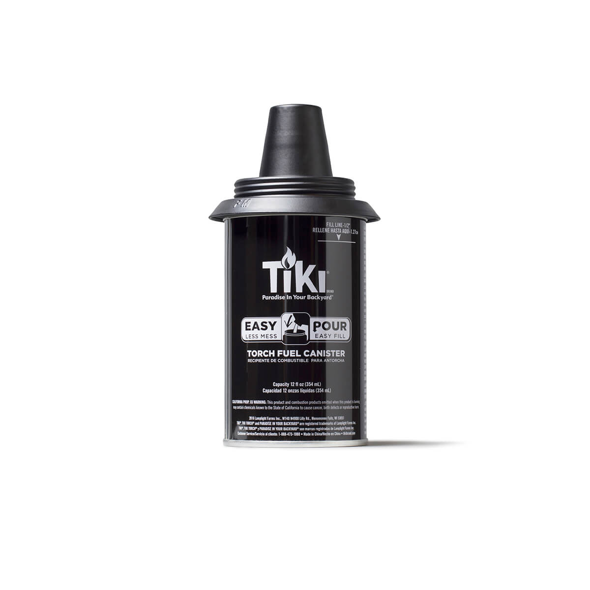 TIKI Brand torch fuel canister with easy-pour spout for mess-free outdoor torch refilling. Black container, 12 fl oz.