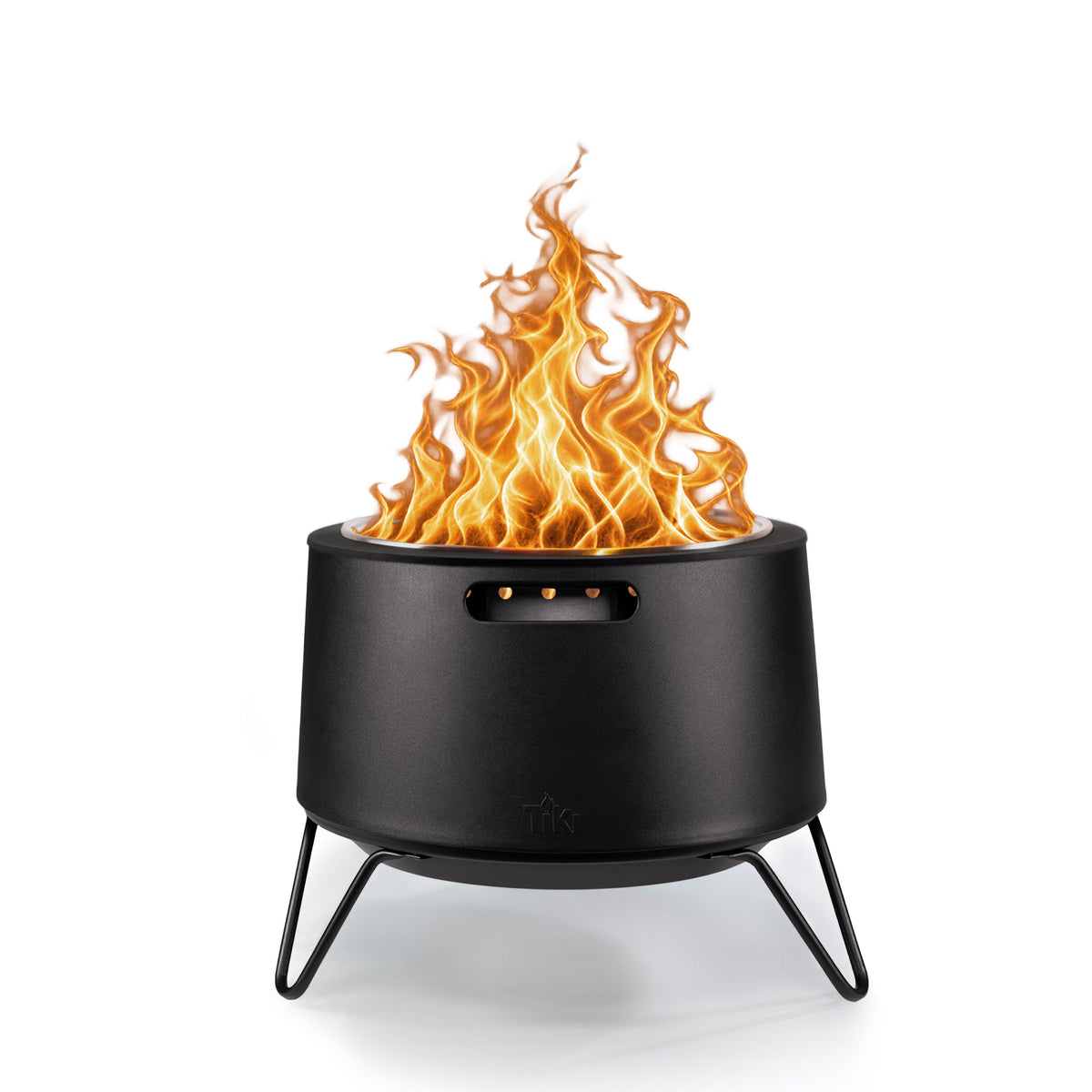 Black metal fire pit with open flames, round shape, sturdy legs, and side handle. Ideal for outdoor use.