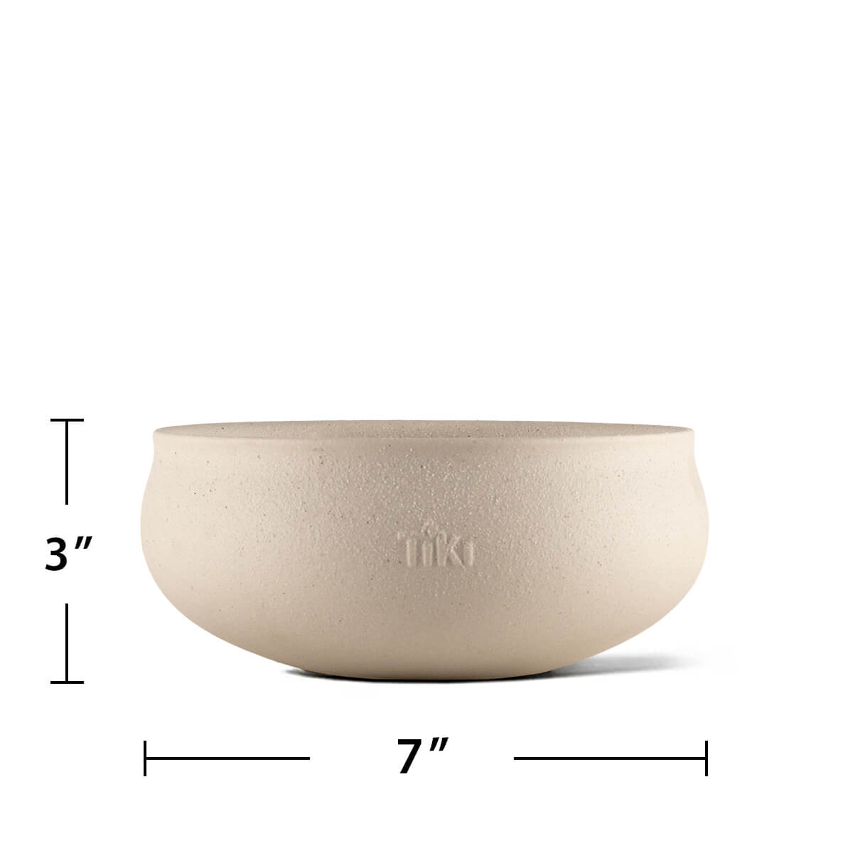 Tan TIKI fire bowl, 3 inches tall and 7 inches wide, ideal for outdoor tabletop ambiance.