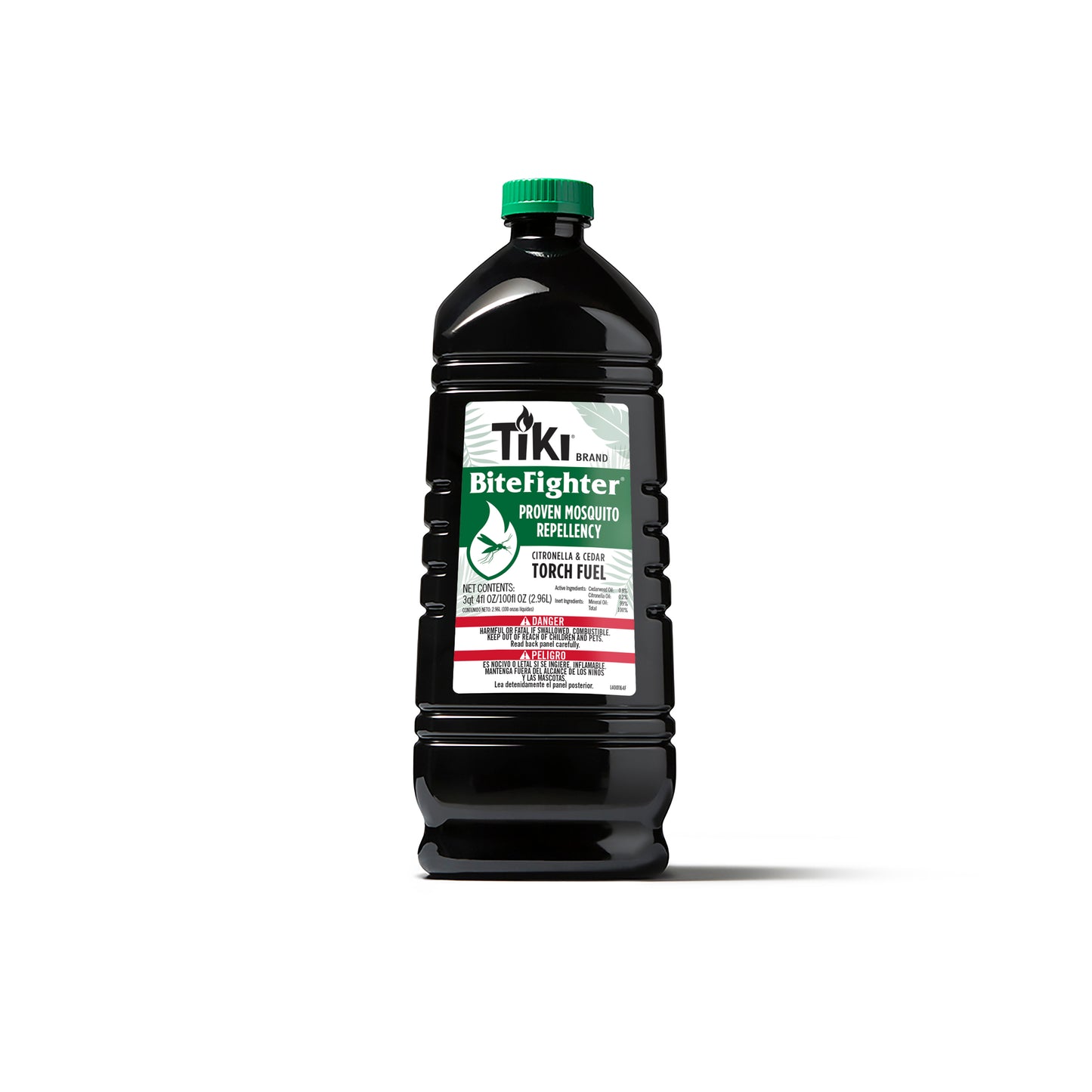 TIKI Brand BiteFighter Torch Fuel bottle with green cap, designed for proven mosquito repellency outdoors.