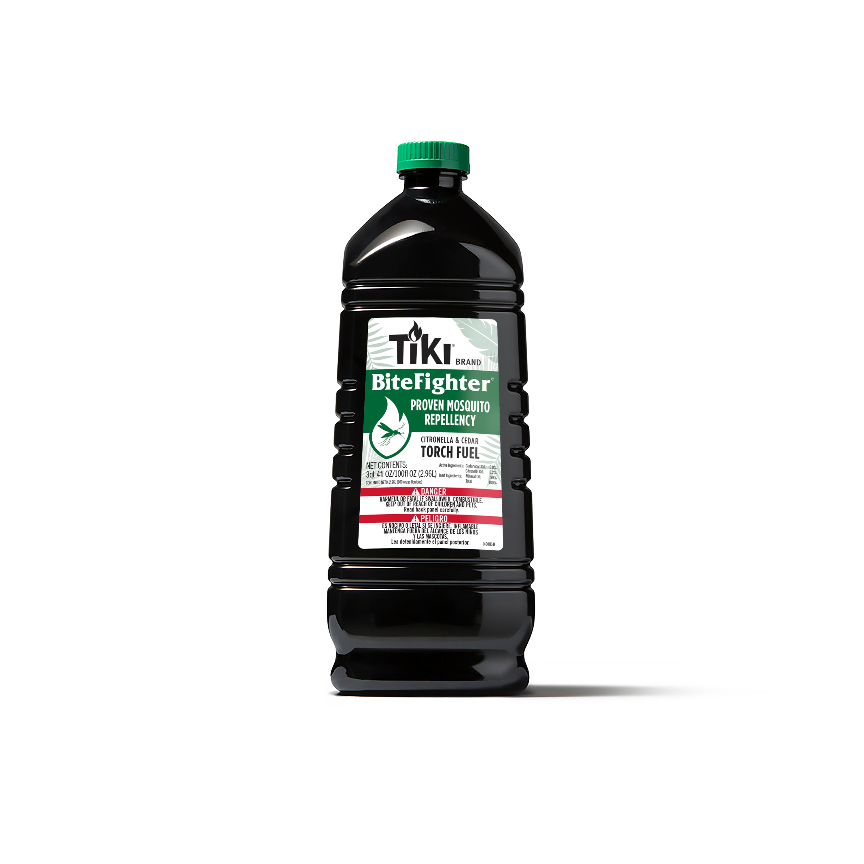 TIKI Brand BiteFighter Torch Fuel bottle with green cap, designed for proven mosquito repellency outdoors.