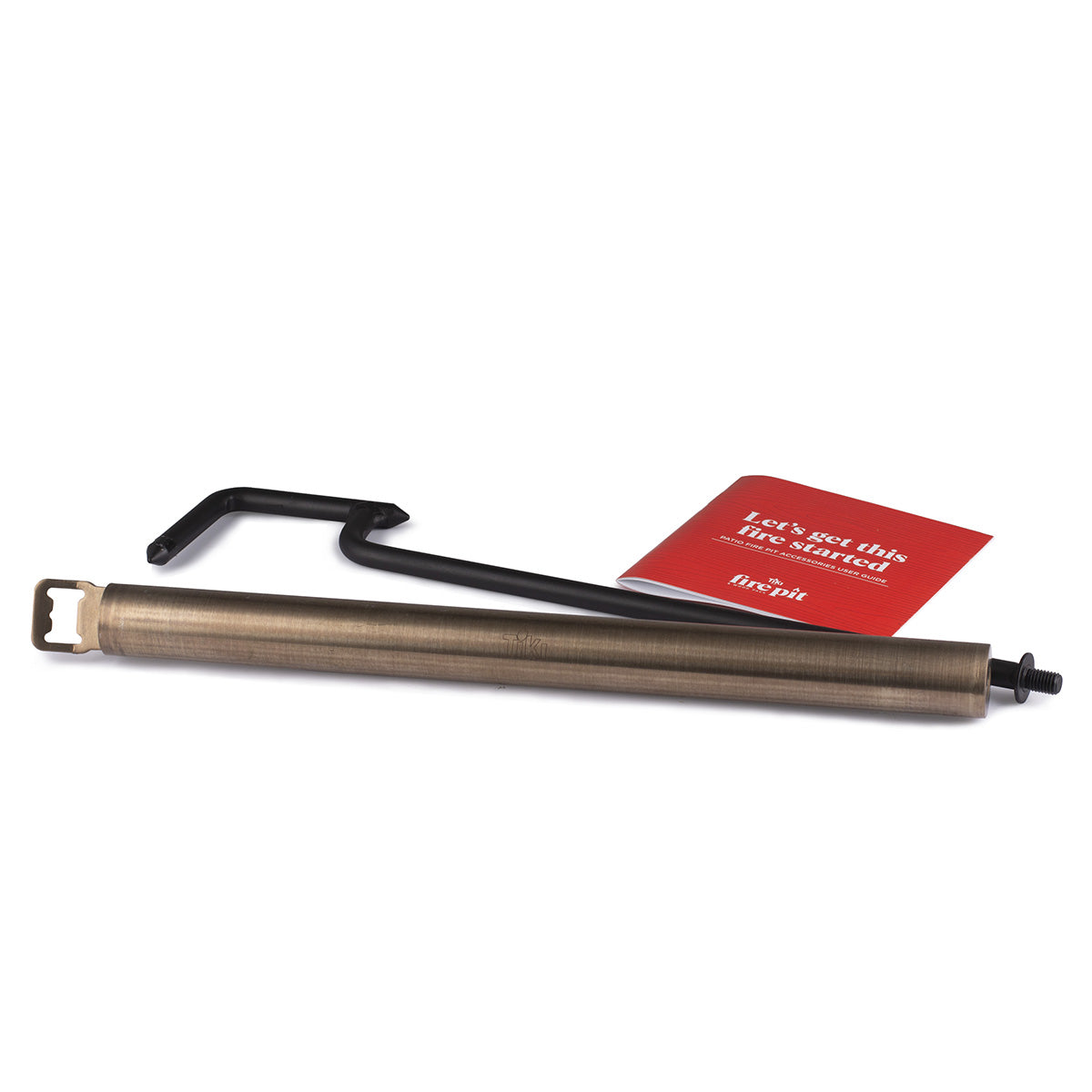 TIKI® Fire Pit Tool Kit with a metal poker, ash tool, and instruction manual, shown on a white background.