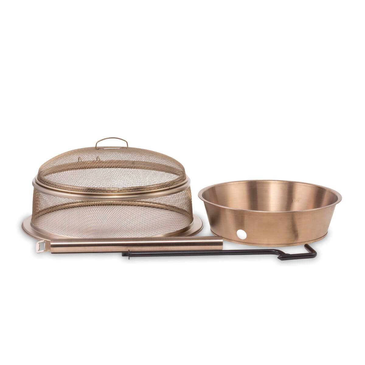 Bronze fire pit accessory kit with mesh spark screen, fire bowl, and poker, designed for TIKI Brand fire pits.