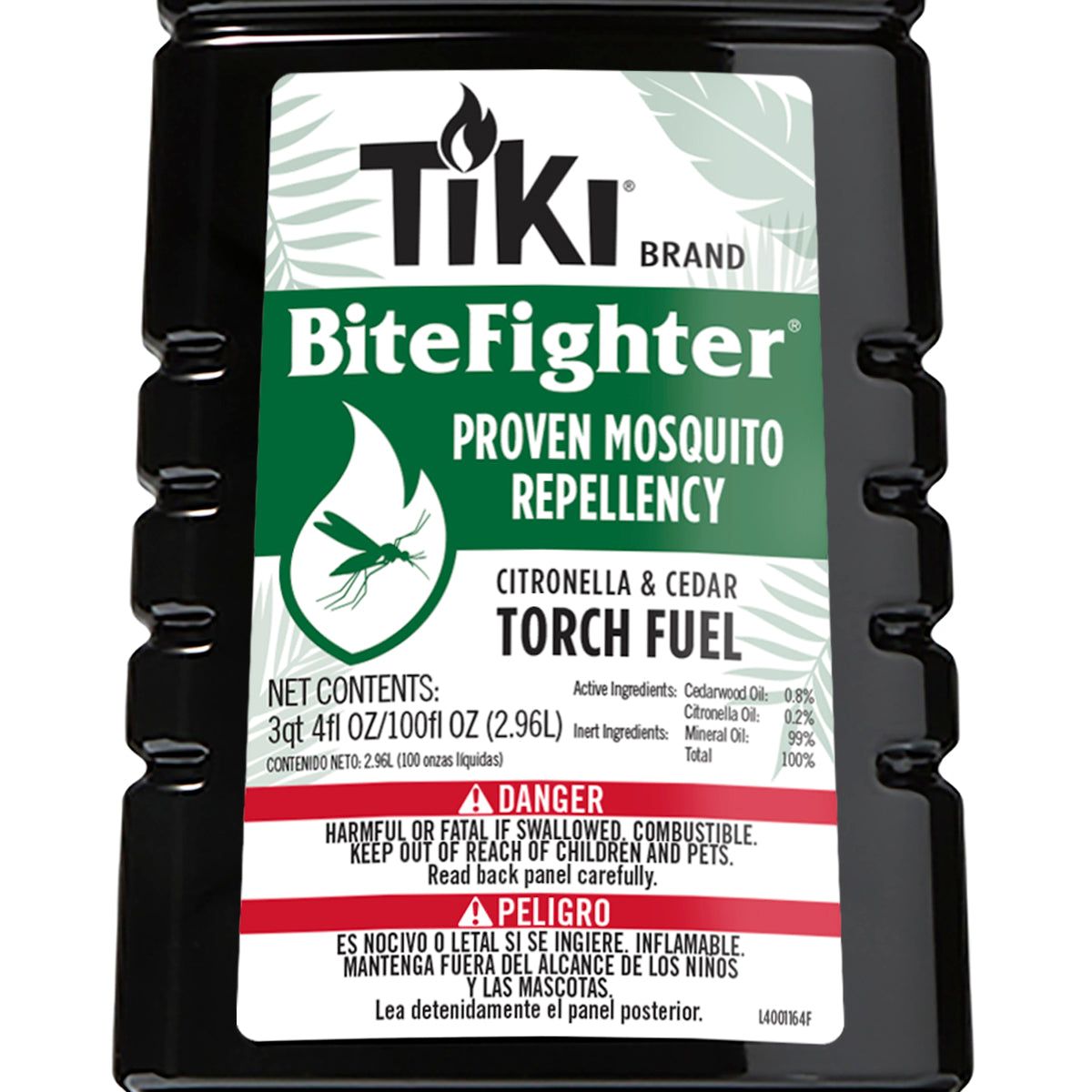 TIKI BiteFighter citronella & cedar torch fuel; proven mosquito repellency; 3 qt; warning label for safety.