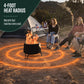 Outdoor fire pit with a 4-foot heat radius, black metal design, shown warming people seated around it at a campsite.