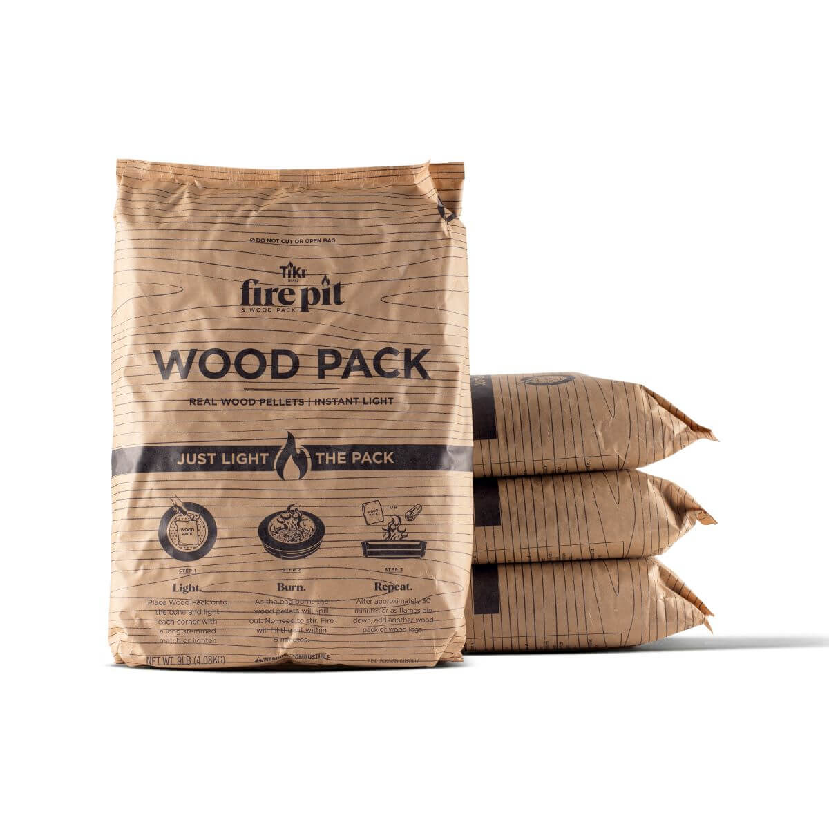 TIKI Fire Pit Wood Pack: real wood pellets for instant fire pit lighting. Four brown packs stacked on a white background.