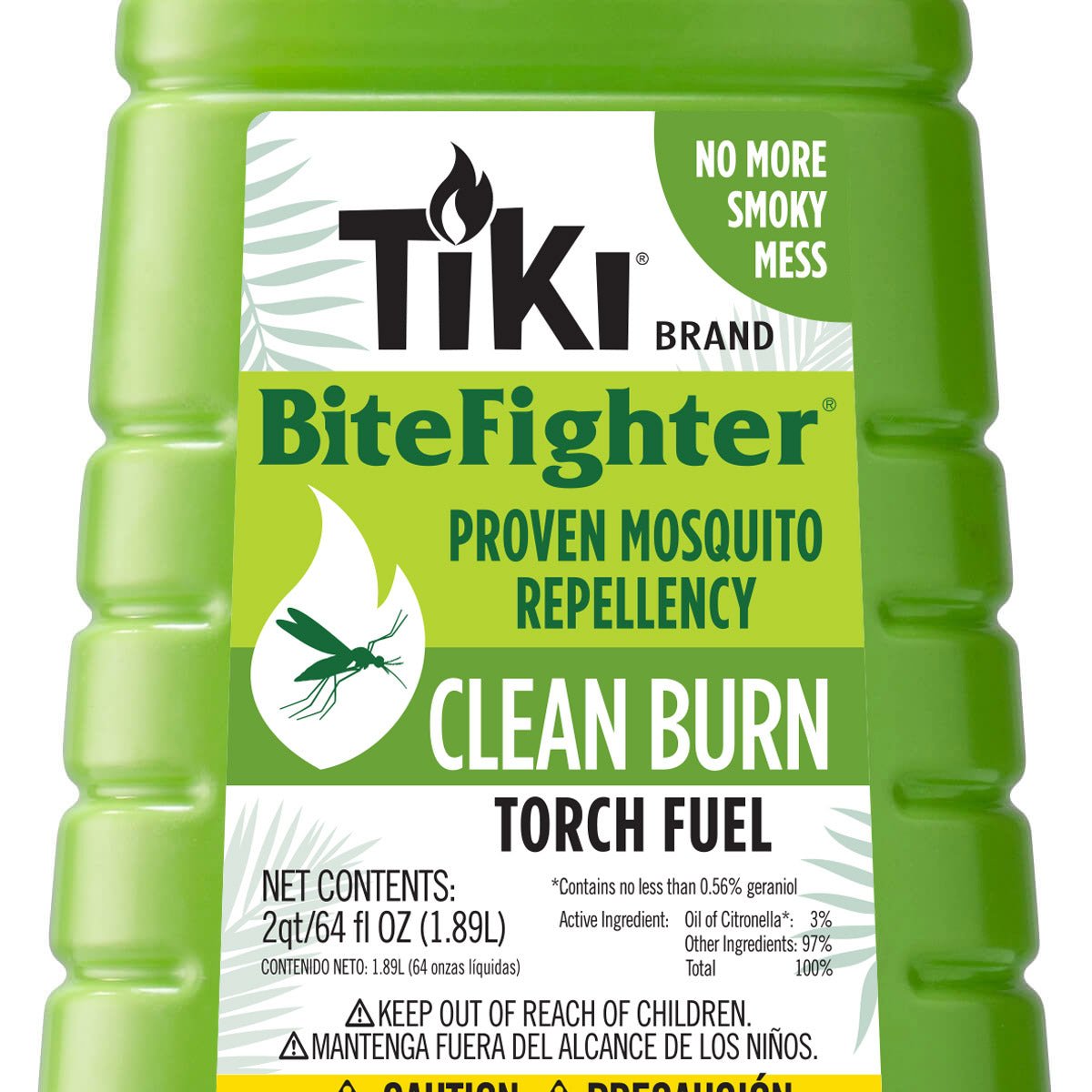 Green bottle of TIKI Brand BiteFighter Clean Burn Torch Fuel, proven mosquito repellency, 2qt, no more smoky mess.