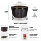 TIKI Brand Reunion Smokeless Fire Pit with dimensions and included cover, stand, ash pan, and fire starter shown