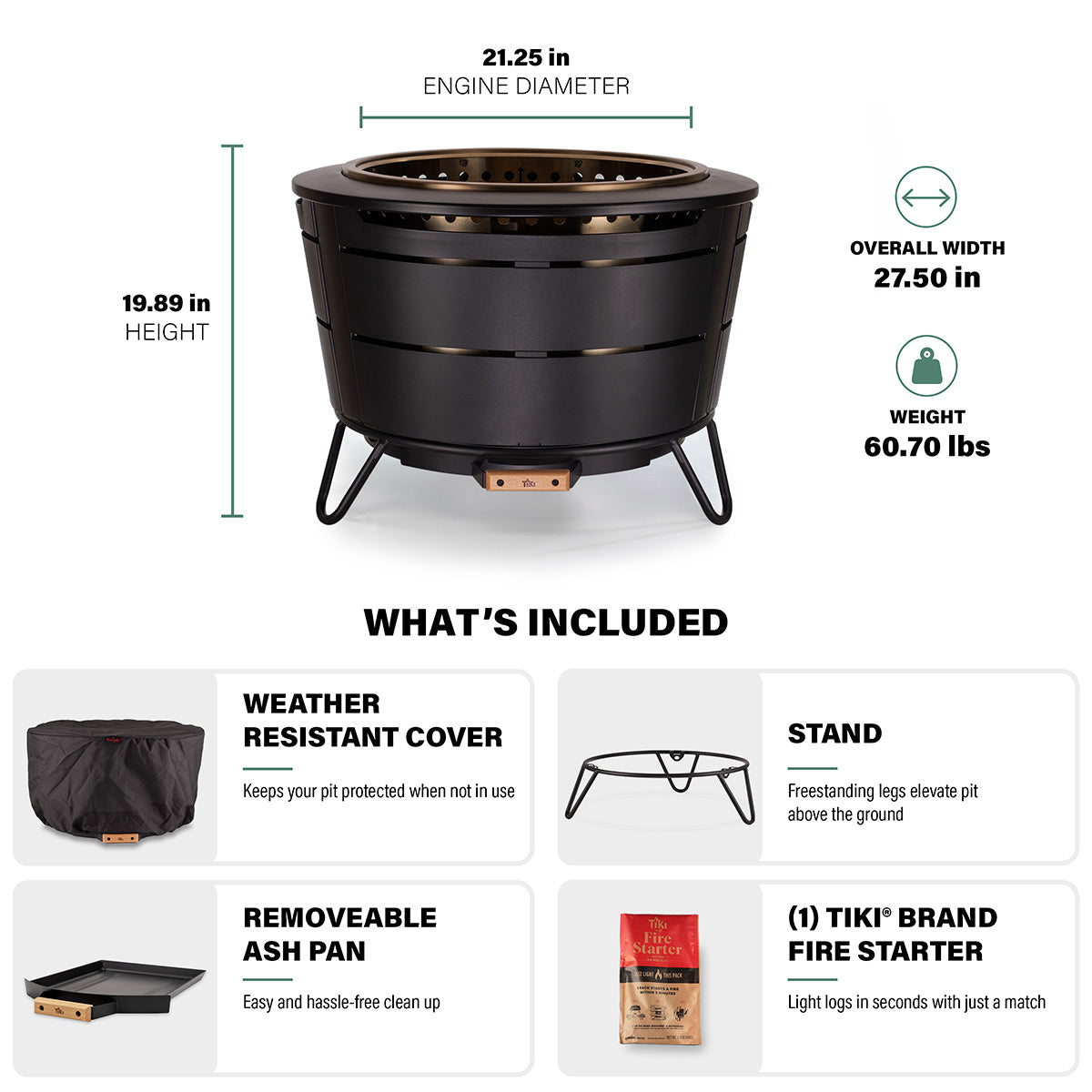 TIKI Brand Reunion Smokeless Fire Pit with dimensions and included cover, stand, ash pan, and fire starter shown