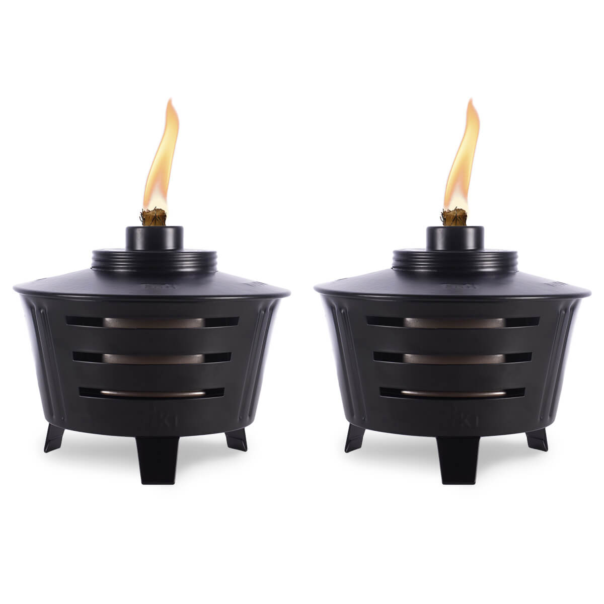 Two black TIKI® patio torches with visible flames, designed for outdoor tabletop use.