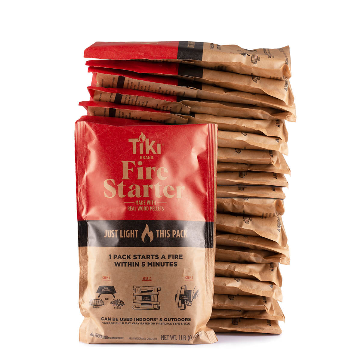 Stack of TIKI Brand Fire Starter packs; made with wood pellets for quick indoor or outdoor fire starting.