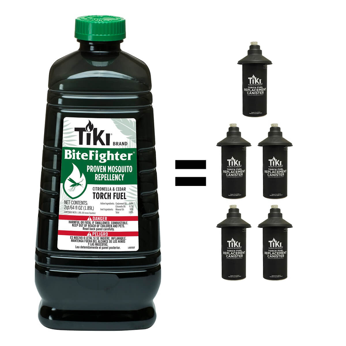 TIKI BiteFighter Torch Fuel bottle equals five TIKI torch replacement canisters; proven mosquito repellency.