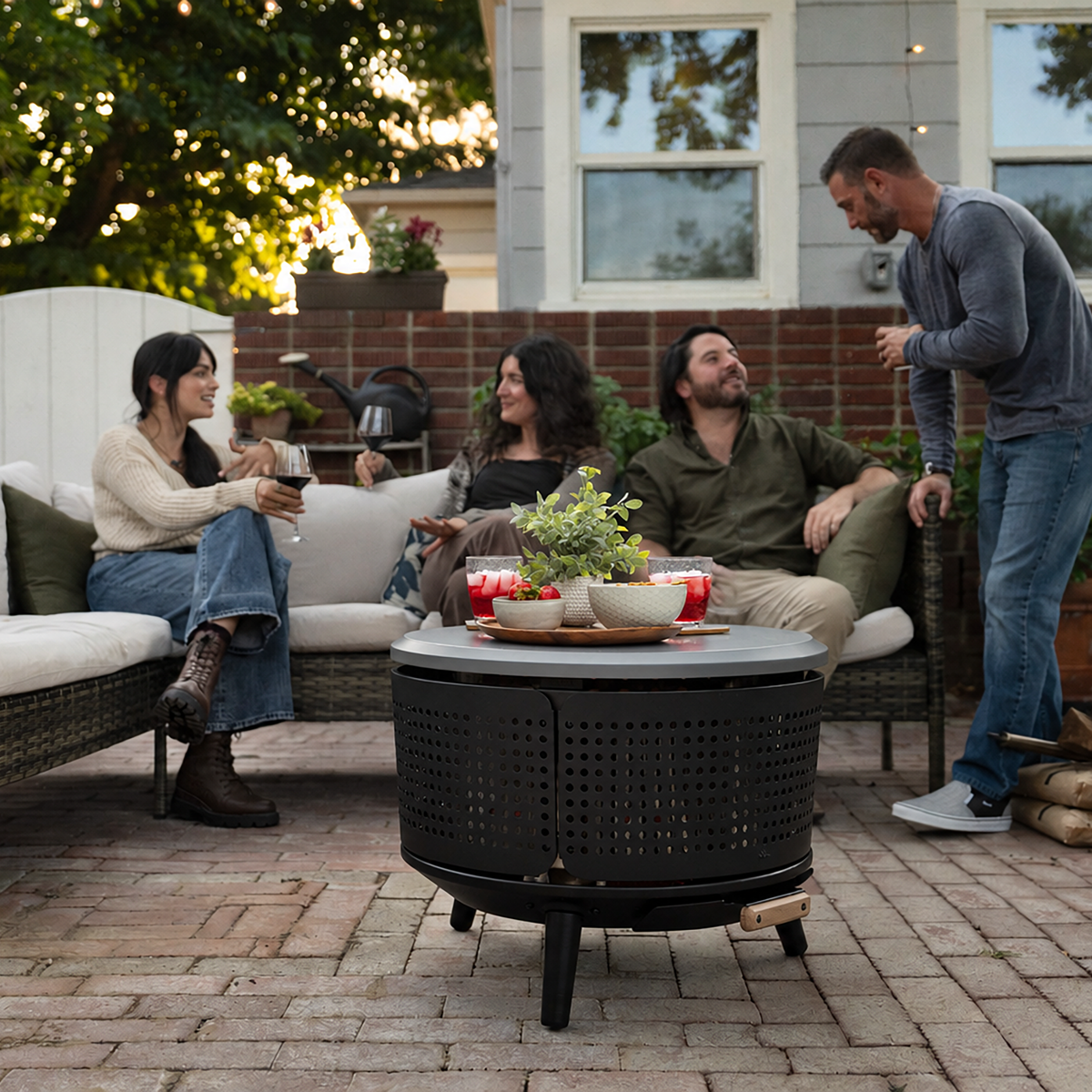 Round black outdoor fire pit table with perforated sides, topped with snacks and a plant, on a brick patio.