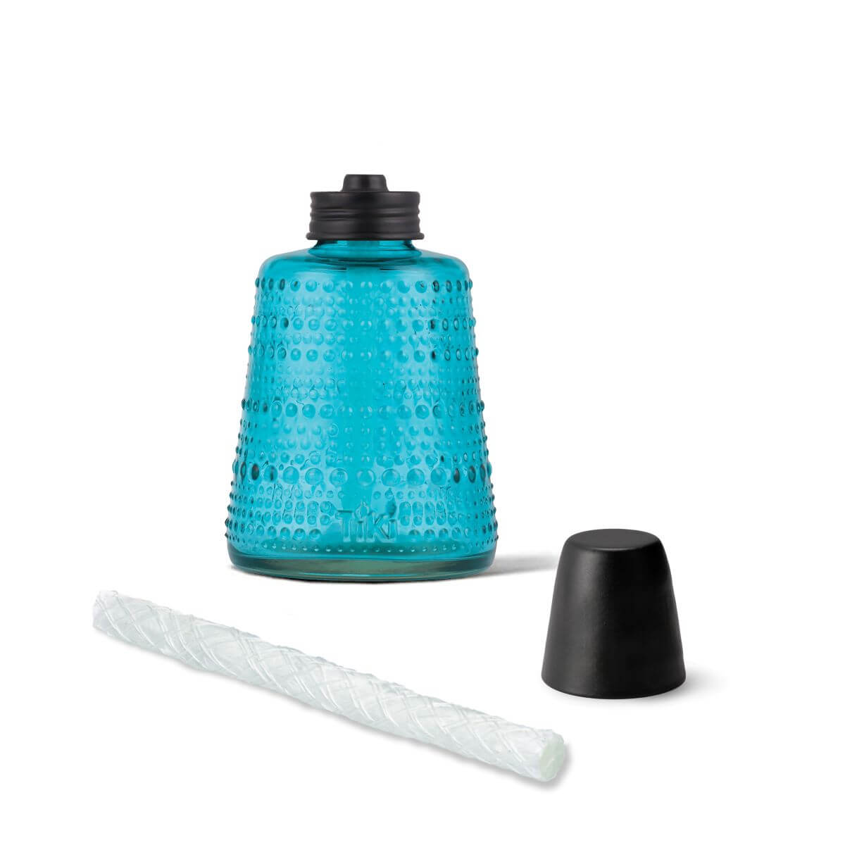 Blue textured TIKI® torch fuel canister with black cap and replacement wick, shown on a white background.