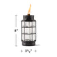 Black metal and glass TIKI lantern, 8 inches tall by 3.5 inches wide, with a visible flame at the top.