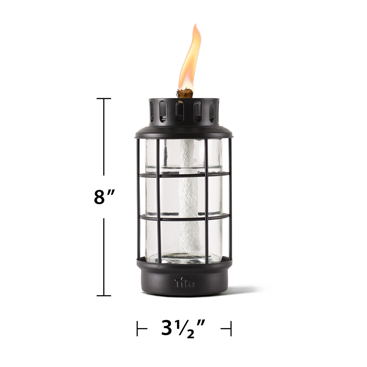 Black metal and glass TIKI lantern, 8 inches tall by 3.5 inches wide, with a visible flame at the top.