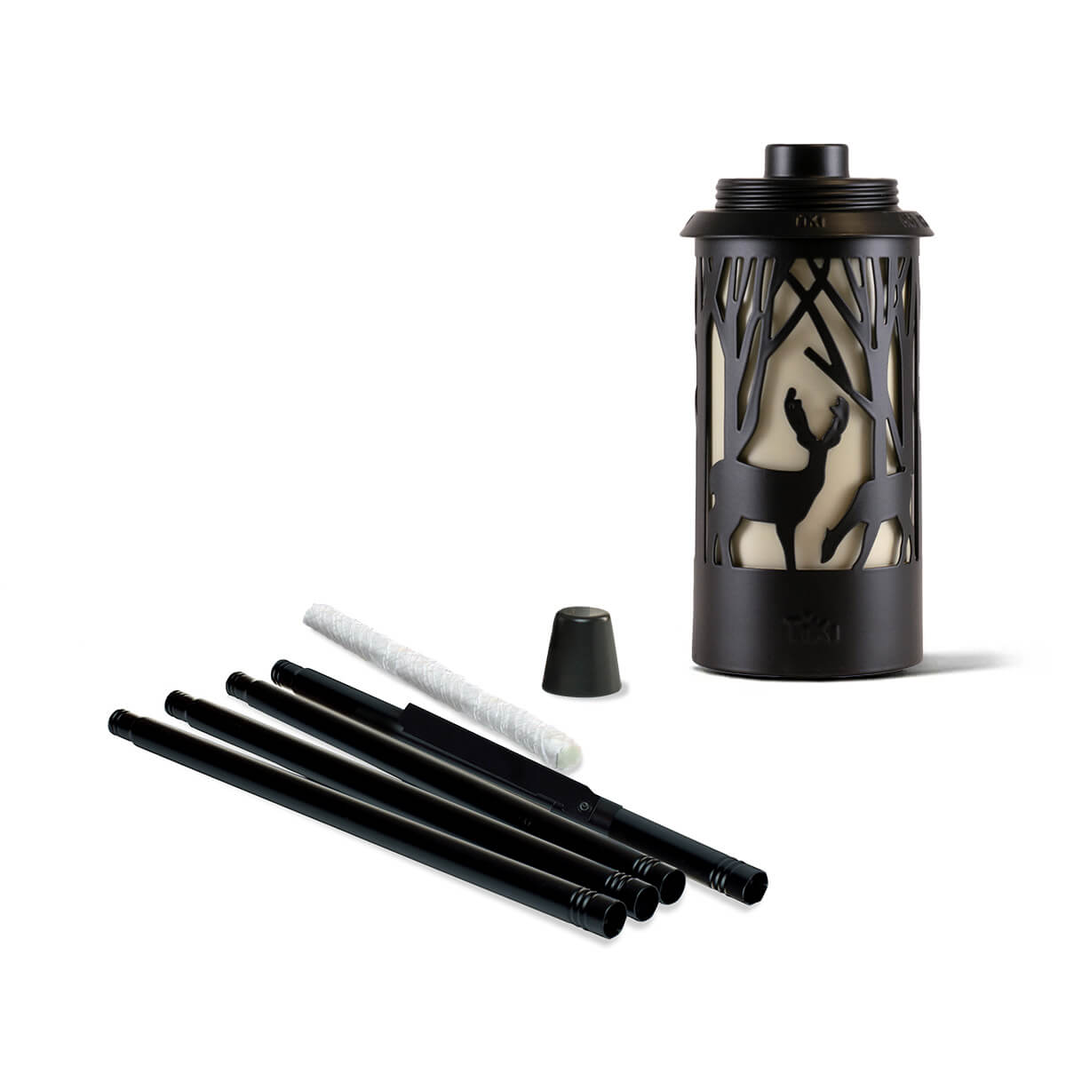 TIKI Brand torch kit with black metal deer design, includes pole sections, wick, and snuffer cap for outdoor use.