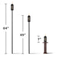 Three TIKI® torches shown at 64", 49", and 7" heights, demonstrating adjustable options for outdoor use.