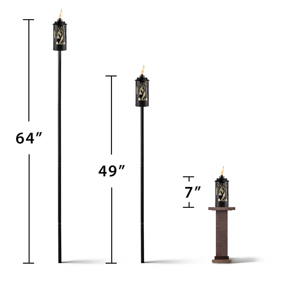 Three TIKI® torches shown at 64", 49", and 7" heights, demonstrating adjustable options for outdoor use.