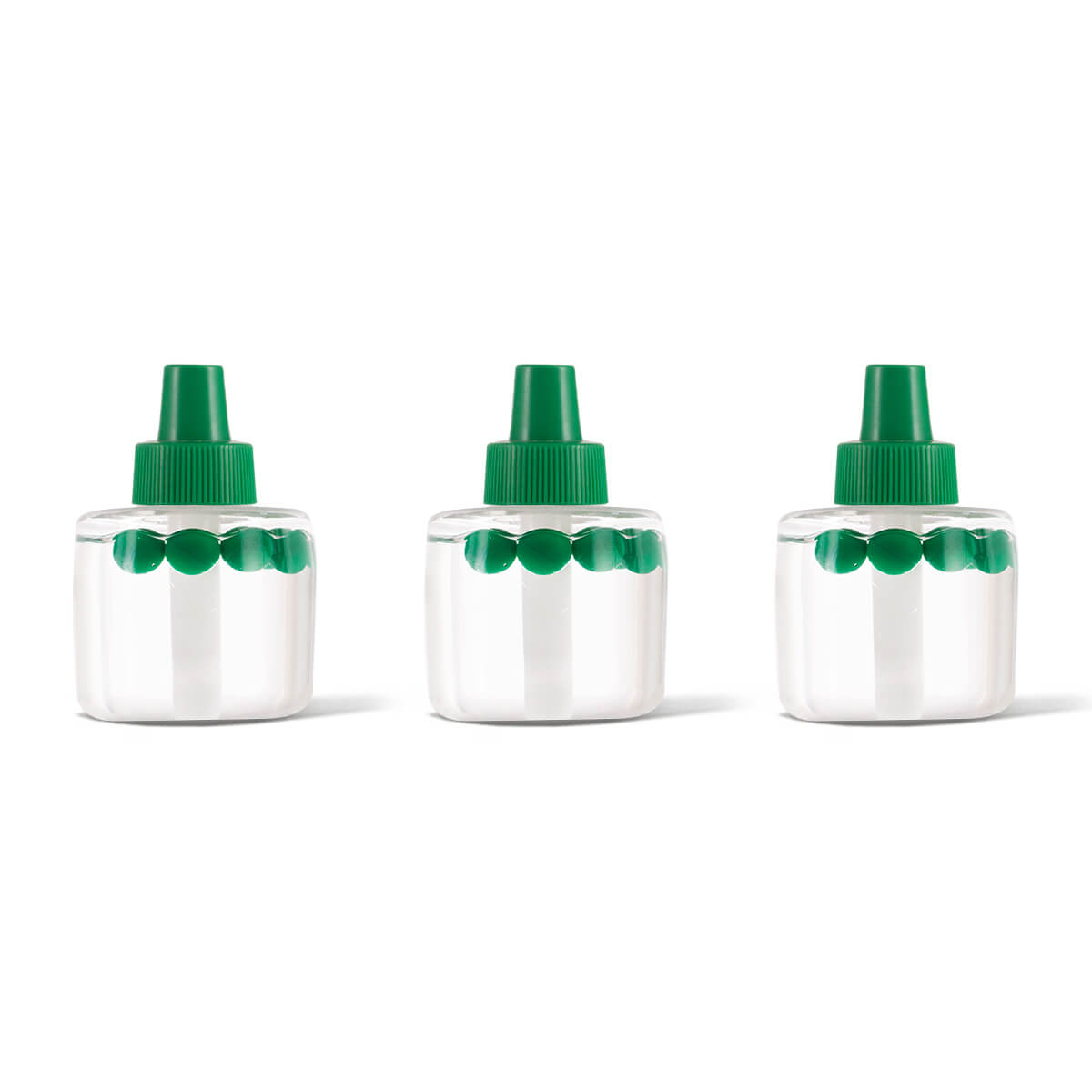 Three clear plastic bottles with green spray tops and green ridged caps.