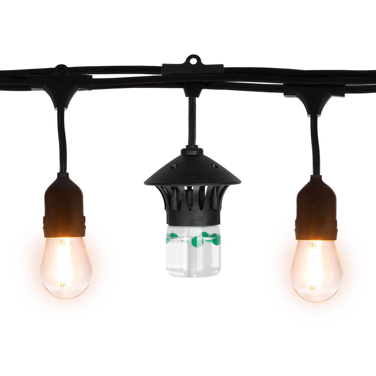 Outdoor string lights with a black mosquito repellent diffuser in the center, designed for patios and backyards.