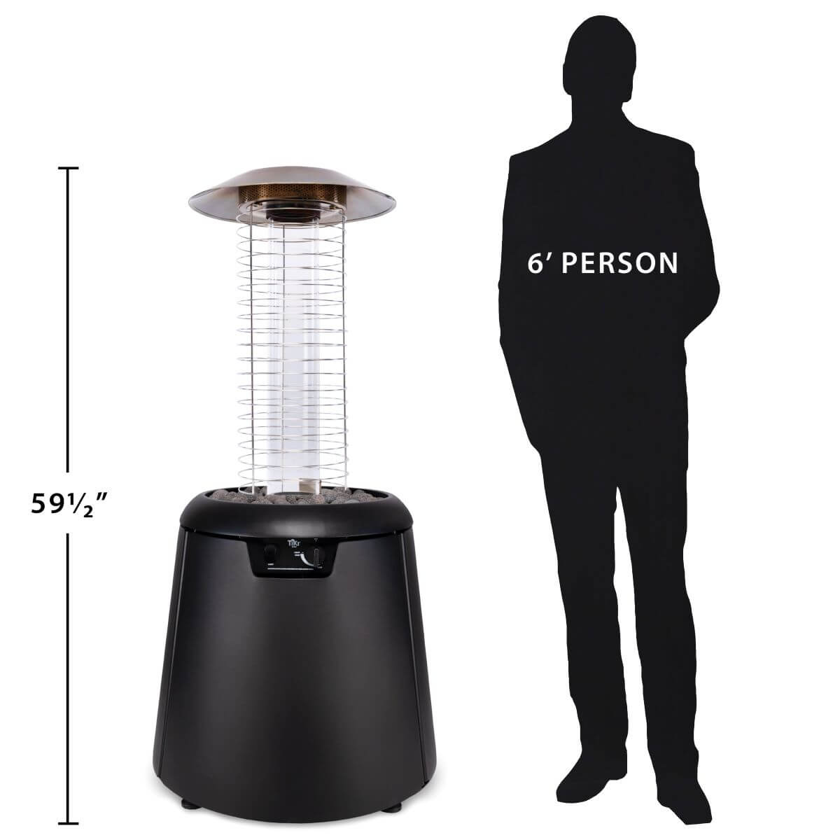Outdoor patio heater, 59.5" tall, shown next to a 6' person for scale. Black base, protective grill, and metal top.