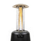Black Tiki patio heater with glowing flame and protective cage.