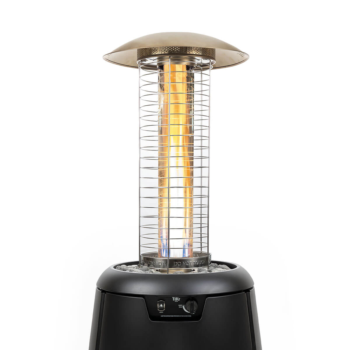Black Tiki patio heater with glowing flame and protective cage.