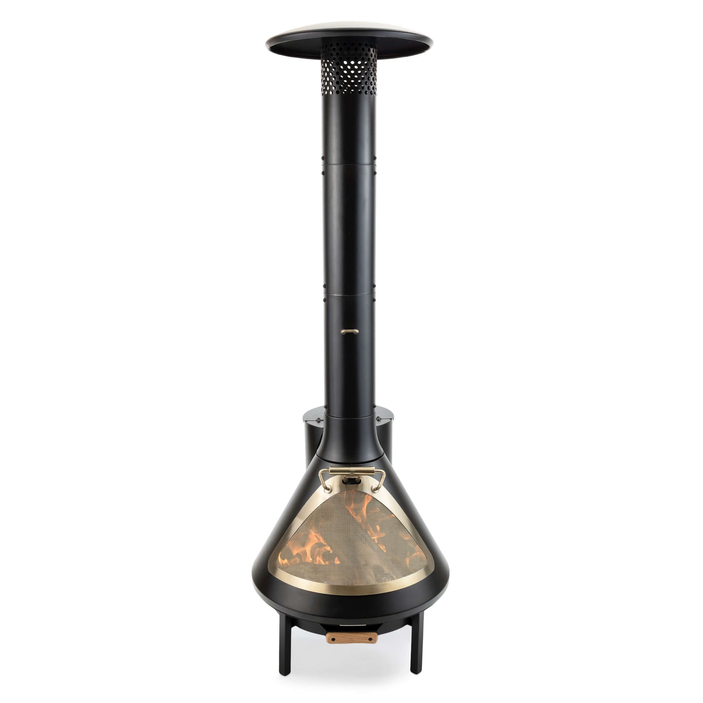 Black outdoor fireplace with tall chimney, mesh door, and visible flames. Designed for patios; ADA-friendly access.