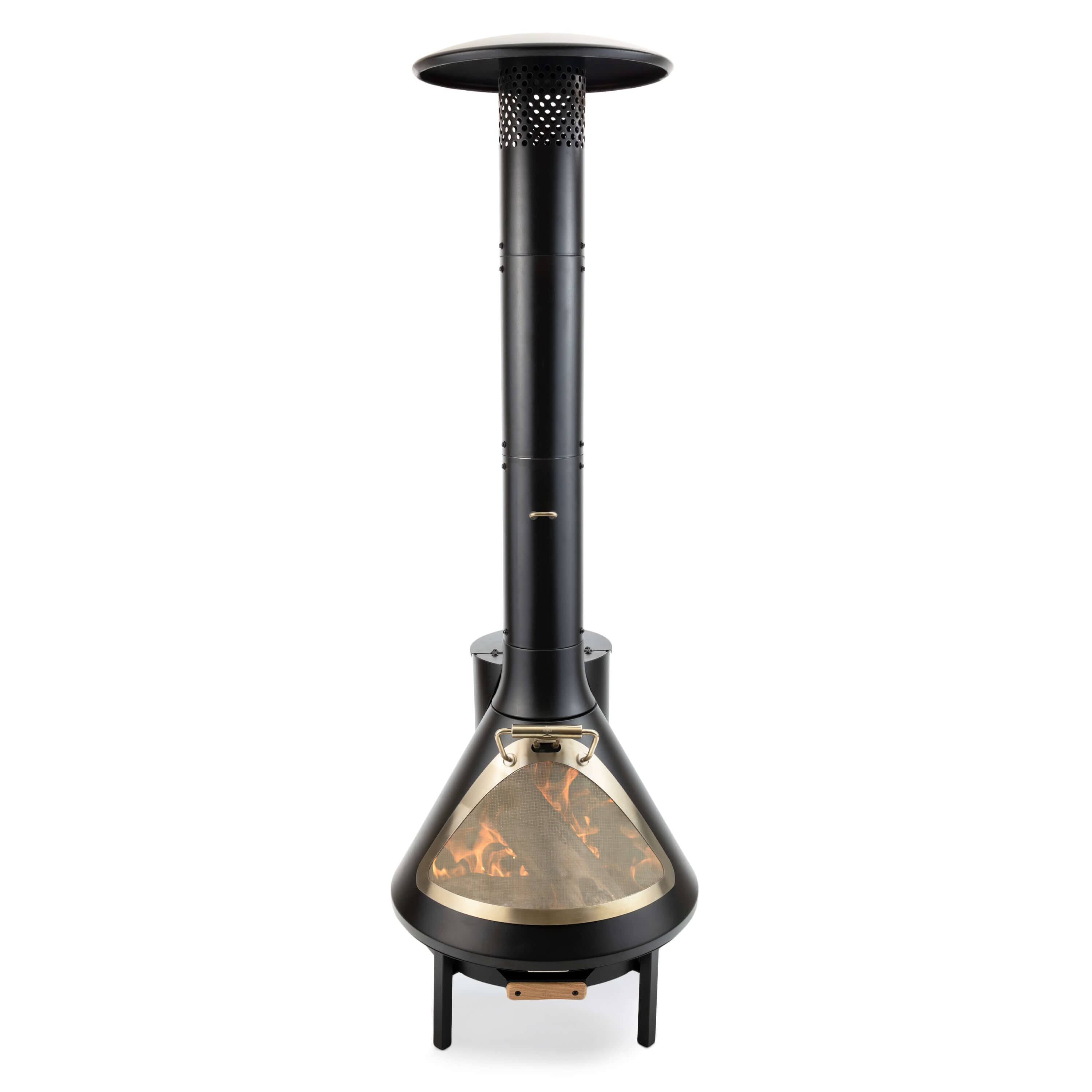 Black outdoor fireplace with tall chimney, mesh door, and visible flames. Designed for patios; ADA-friendly access.