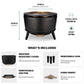 Black metal fire pit, 24.6" wide, 19" tall, includes cover, removable legs, ash pan, and dome insert for versatile use.