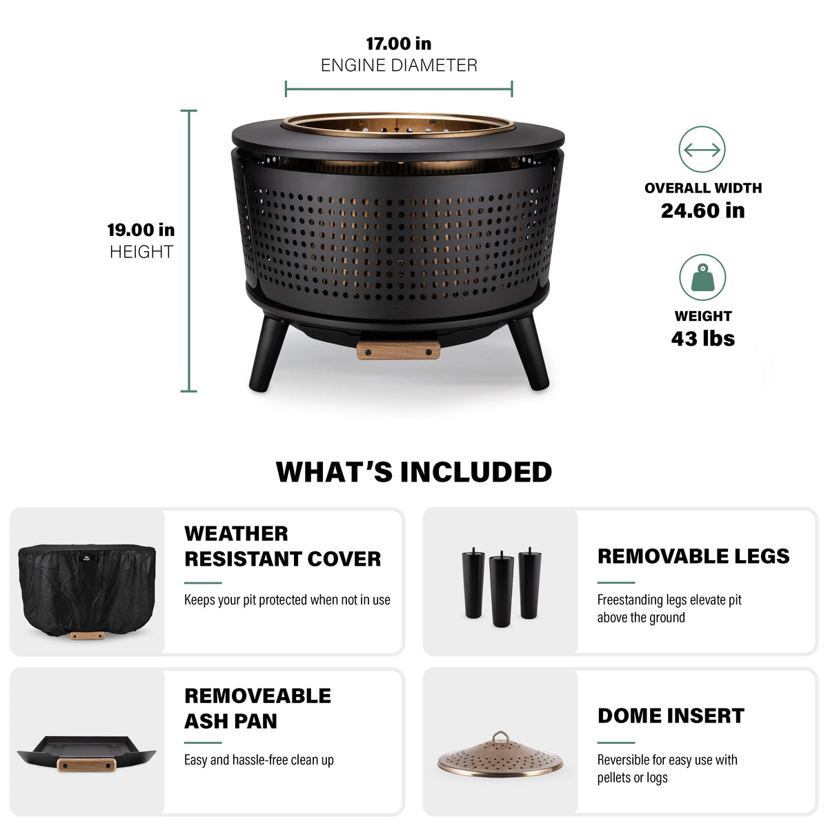 Black metal fire pit, 24.6" wide, 19" tall, includes cover, removable legs, ash pan, and dome insert for versatile use.